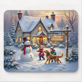 Cozy Christmas Snow Scene Art Mouse Pad