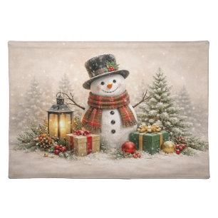 Cozy Christmas Snowman with Lantern and Gifts Cloth Placemat