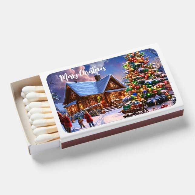 Cozy Christmas – Snowy Forest Holiday Decor Favor Matchboxes (Front Open)