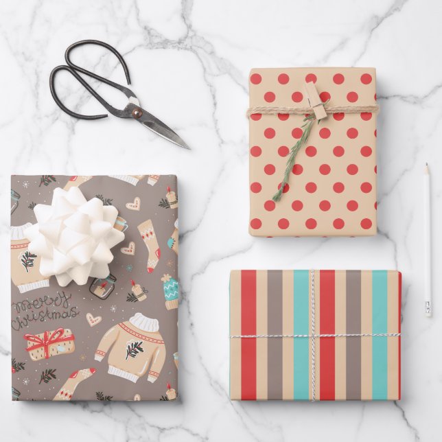Cozy Christmas Sweaters & Gifts Holiday  Wrapping Paper Sheets (Front)