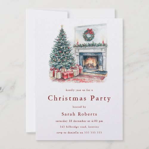 Cozy Christmas Tree &amp; Fireplace Christmas Party  Invitation