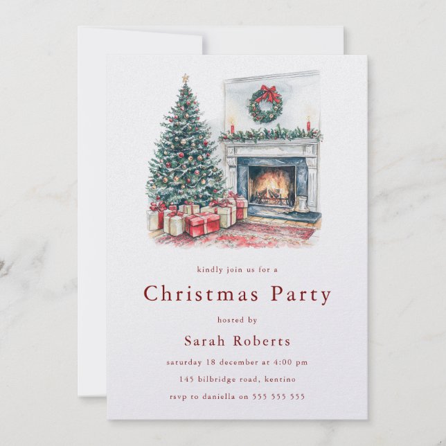 Cozy Christmas Tree & Fireplace Christmas Party  Invitation (Front)