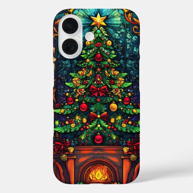 Cozy Christmas Tree Fireplace Stained Glass Art Case-Mate iPhone Case (Back)