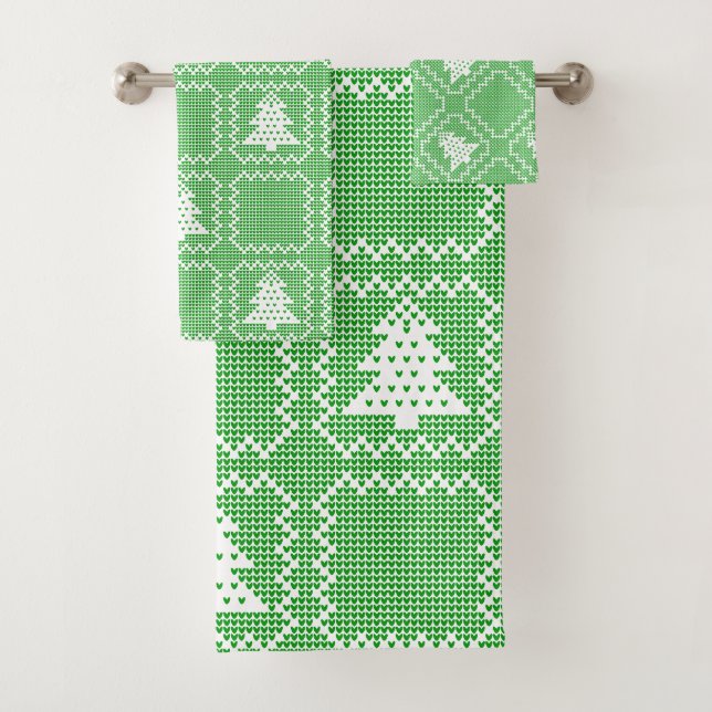 Cozy Christmas tree ugly sweater checkered pattern Bath Towel Set (Insitu)