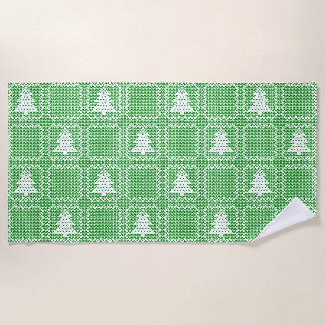 Cozy Christmas tree ugly sweater checkered pattern Beach Towel (Front)