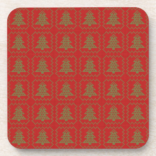 Cozy Christmas tree ugly sweater checkered pattern Beverage Coaster (Front)