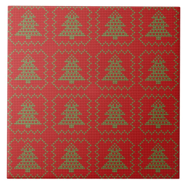 Cozy Christmas tree ugly sweater checkered pattern Ceramic Tile (Front)