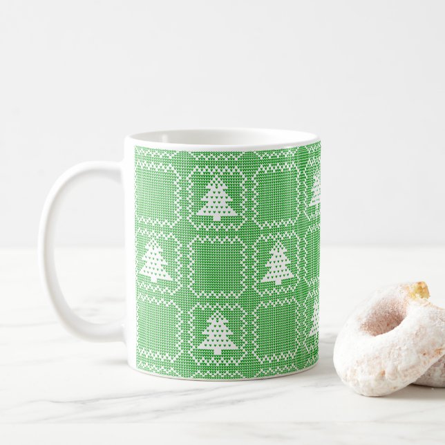Cozy Christmas tree ugly sweater checkered pattern Coffee Mug (With Donut)