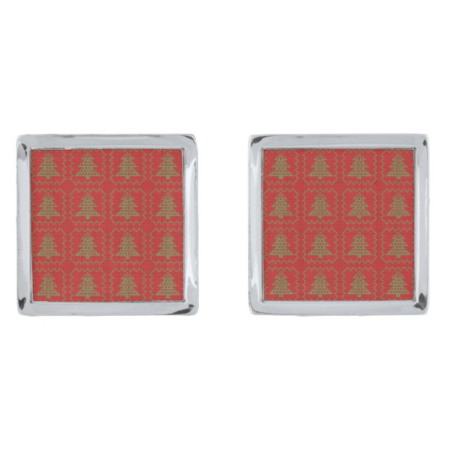 Cozy Christmas tree ugly sweater checkered pattern Cufflinks (Front)