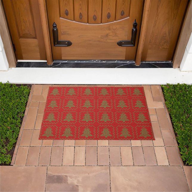Cozy Christmas tree ugly sweater checkered pattern Doormat (Outdoor)