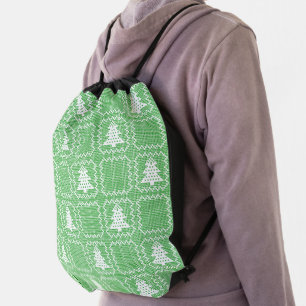 Cozy Christmas tree ugly sweater checkered pattern Drawstring Bag