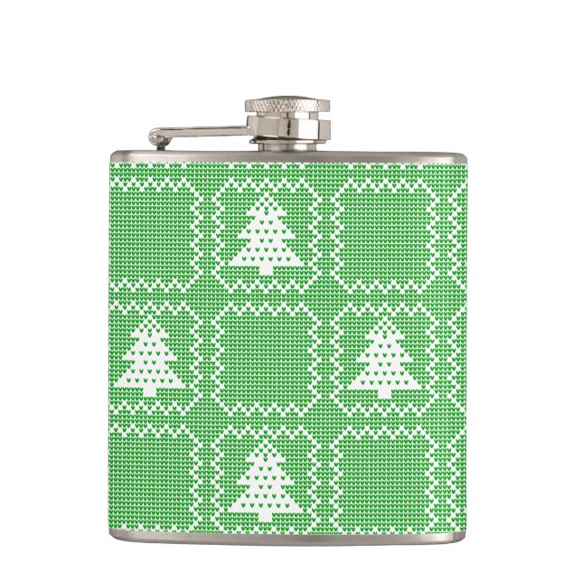 Cozy Christmas tree ugly sweater checkered pattern Flask (Front)