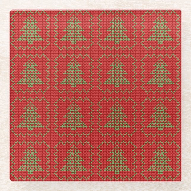 Cozy Christmas tree ugly sweater checkered pattern Glass Coaster (Front)