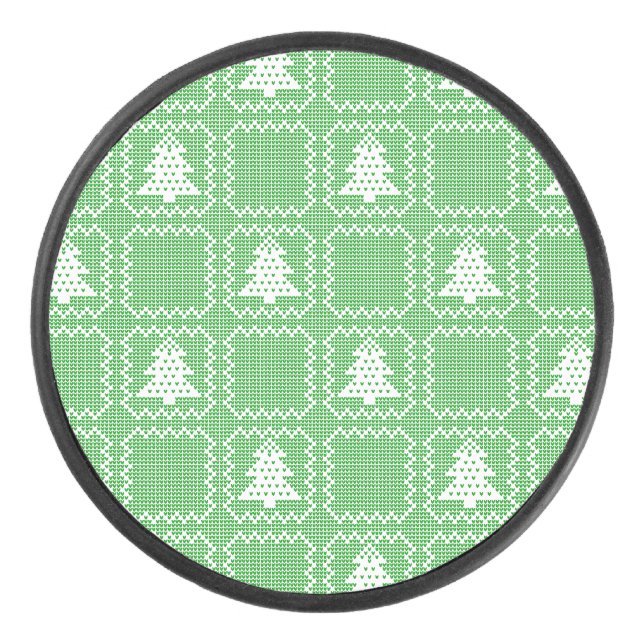 Cozy Christmas tree ugly sweater checkered pattern Hockey Puck (Front)