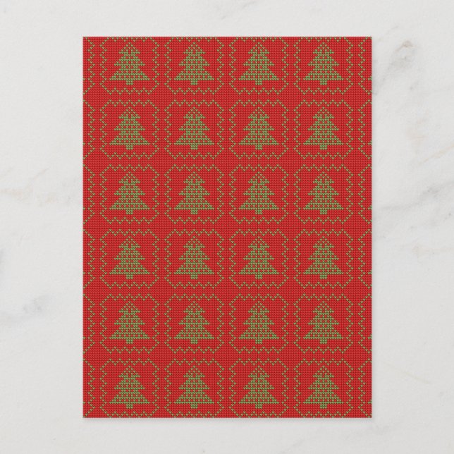 Cozy Christmas tree ugly sweater checkered pattern Holiday Postcard (Front)