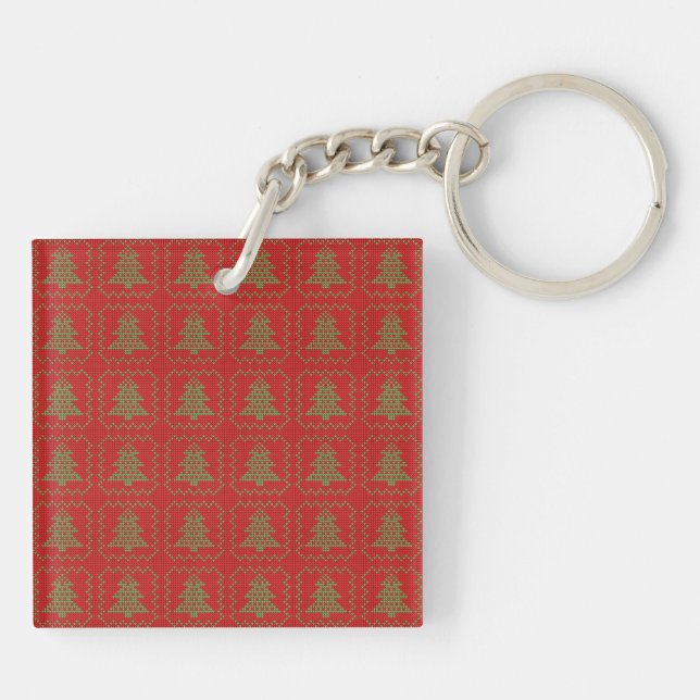 Cozy Christmas tree ugly sweater checkered pattern Keychain (Back)
