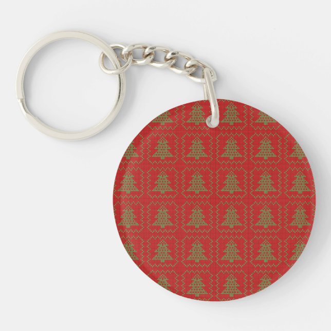 Cozy Christmas tree ugly sweater checkered pattern Keychain (Front)