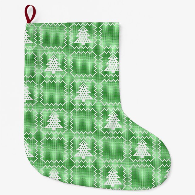 Cozy Christmas tree ugly sweater checkered pattern Large Christmas Stocking (Front)