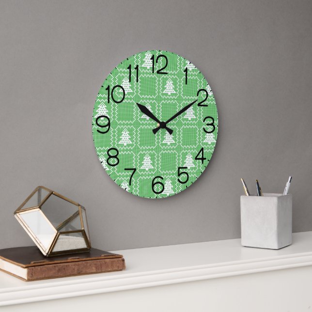 Cozy Christmas tree ugly sweater checkered pattern Large Clock (Office)