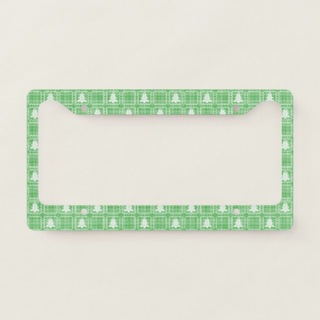 Cozy Christmas tree ugly sweater checkered pattern License Plate Frame (Front)