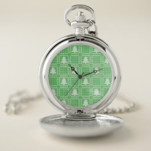 Cozy Christmas tree ugly sweater checkered pattern Pocket Watch