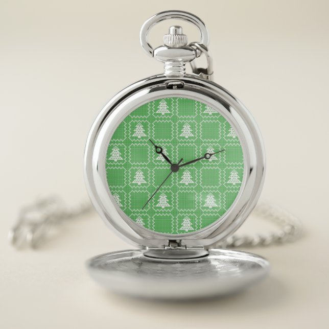 Cozy Christmas tree ugly sweater checkered pattern Pocket Watch (Inside)