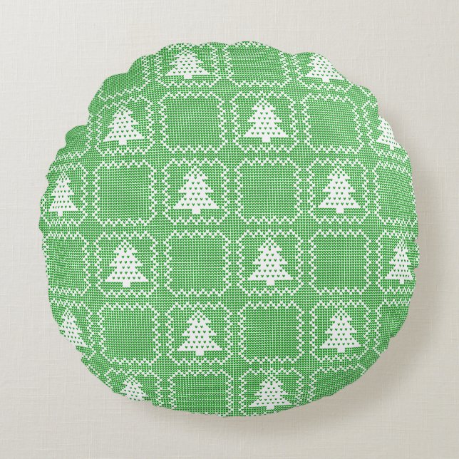 Cozy Christmas tree ugly sweater checkered pattern Round Pillow (Front)