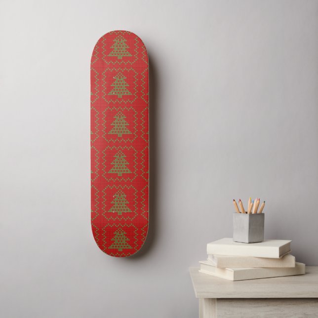 Cozy Christmas tree ugly sweater checkered pattern Skateboard (Wall Art)