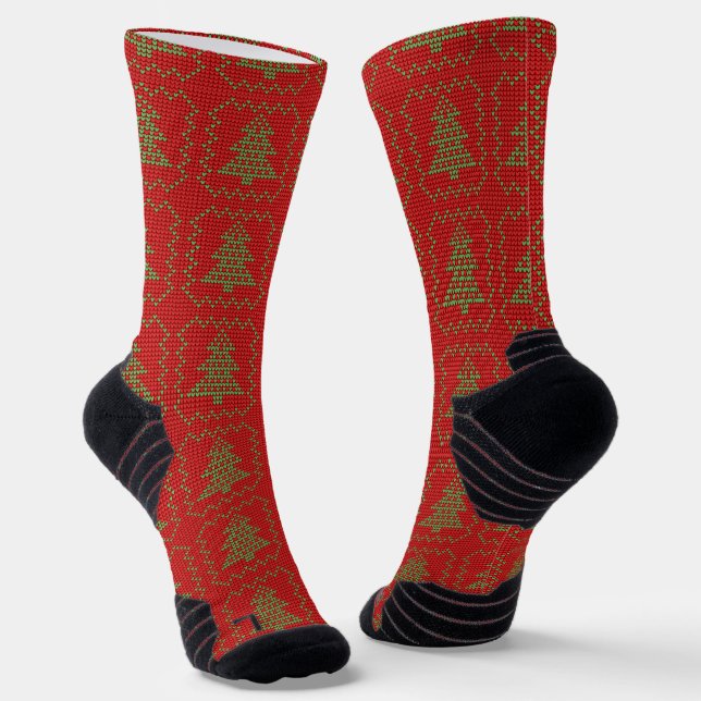 Cozy Christmas tree ugly sweater checkered pattern Socks (Angled)