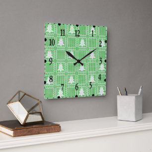 Cozy Christmas tree ugly sweater checkered pattern Square Wall Clock