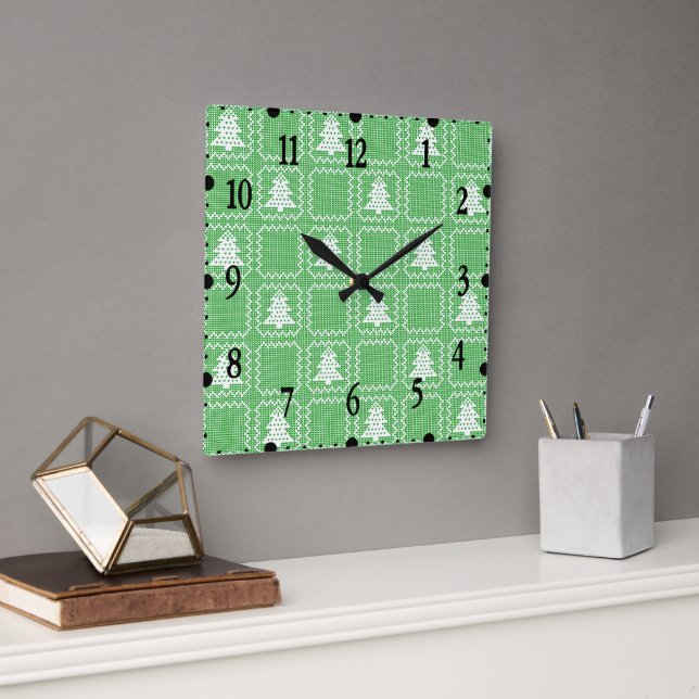 Cozy Christmas tree ugly sweater checkered pattern Square Wall Clock (Office)