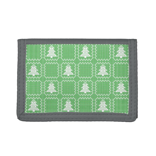 Cozy Christmas tree ugly sweater checkered pattern Tri-fold Wallet (Front)