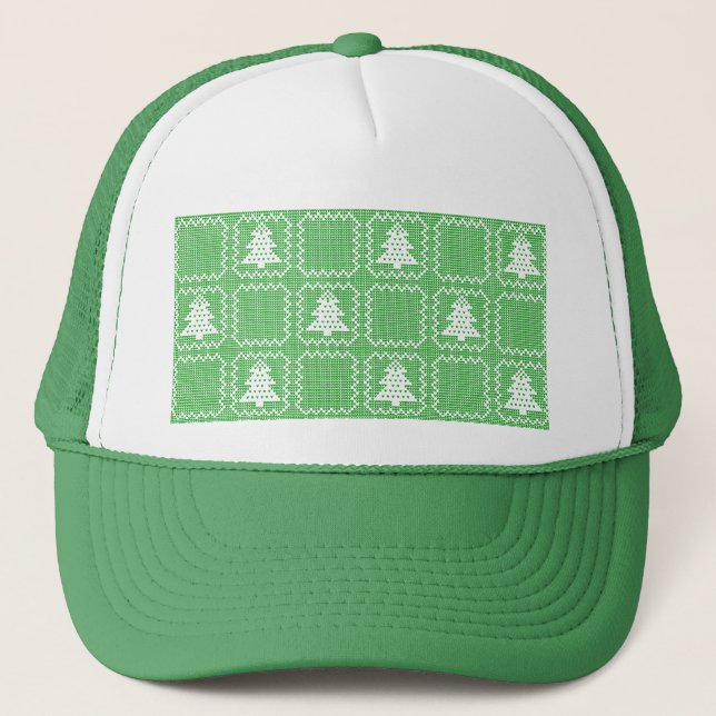 Cozy Christmas tree ugly sweater checkered pattern Trucker Hat (Front)