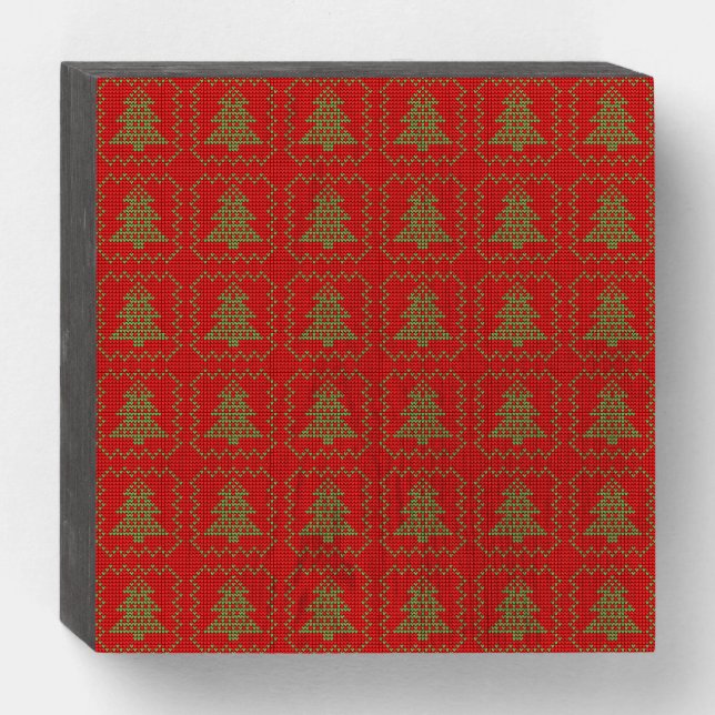 Cozy Christmas tree ugly sweater checkered pattern Wooden Box Sign (Front Horizontal)