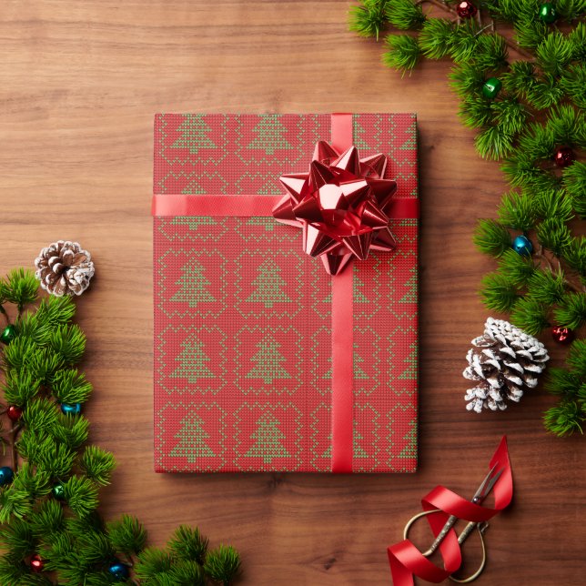 Cozy Christmas tree ugly sweater checkered pattern Wrapping Paper (Holiday Gift)