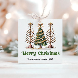 Cozy Christmas Trees Green Gold Custom Name Gift Favor Tags