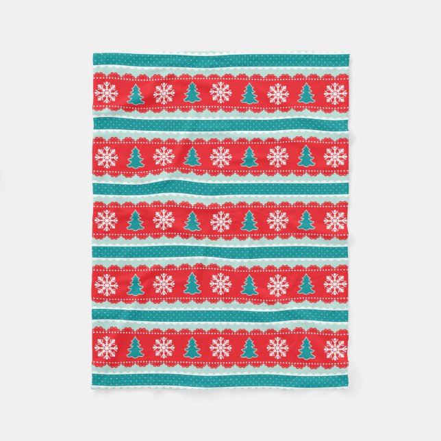 Cozy Christmas Trees Snowflakes Red & Teal Pattern Fleece Blanket (Front)