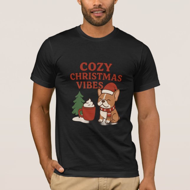 Cozy Christmas Vibes – Cute French Bulldog Holiday T-Shirt (Front)