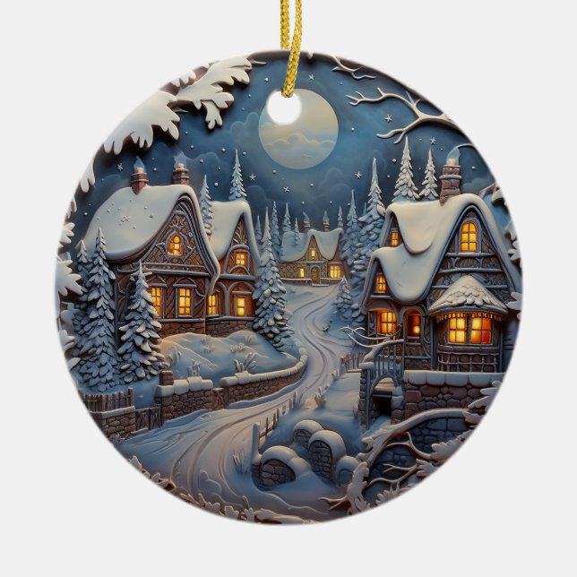Cozy Christmas Village Ceramic Ornament (Front)