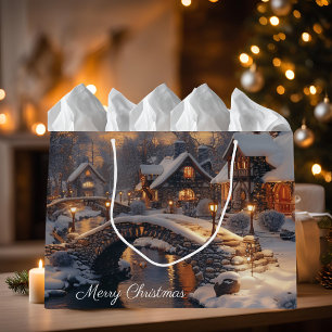Cozy Christmas Village Winter Scene Large Gift Bag