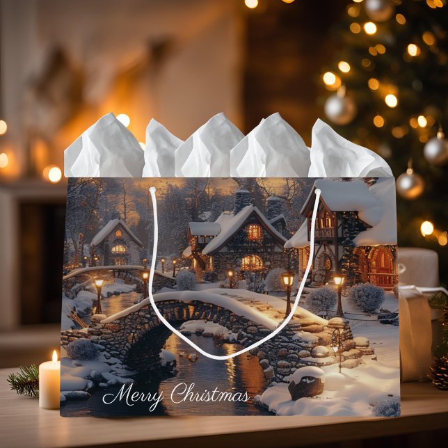 Cozy Christmas Village Winter Scene Large Gift Bag (Creator Uploaded)
