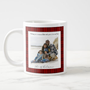 Cozy Christmas Vintage Red Plaid Monogram 2 Photo Giant Coffee Mug