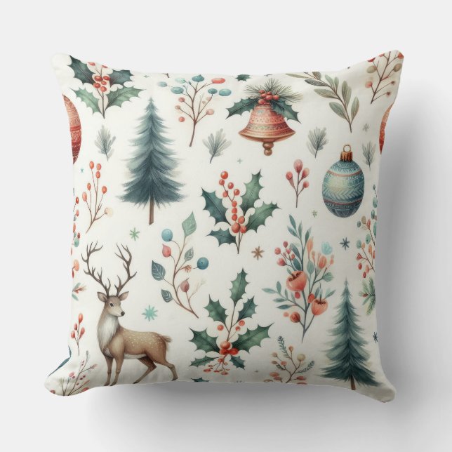 Cozy Christmas Watercolor Throw Pillow (Front)