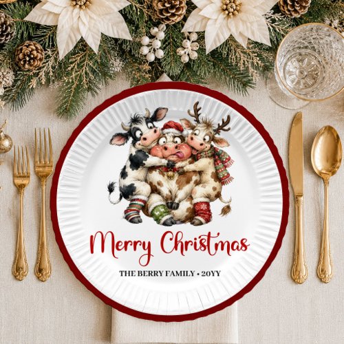 Cozy Christmas whimsical cow red green christmas p Paper Plates