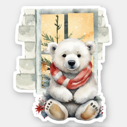 Cozy Christmas Window Polar Bear with Red Scarf Sticker