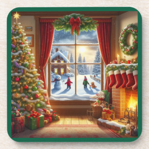 Cozy Christmas Window Scene Beverage Coaster