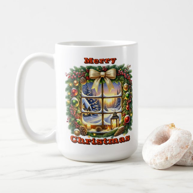 Cozy Christmas Window Scene Coffee Mug (With Donut)