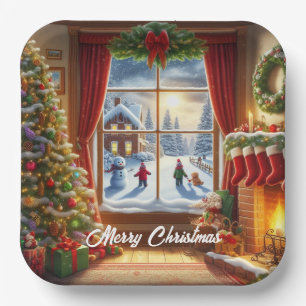 Cozy Christmas Window Scene Paper Plates