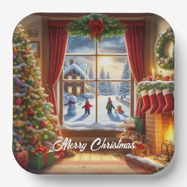 Cozy Christmas Window Scene Paper Plates (Front)