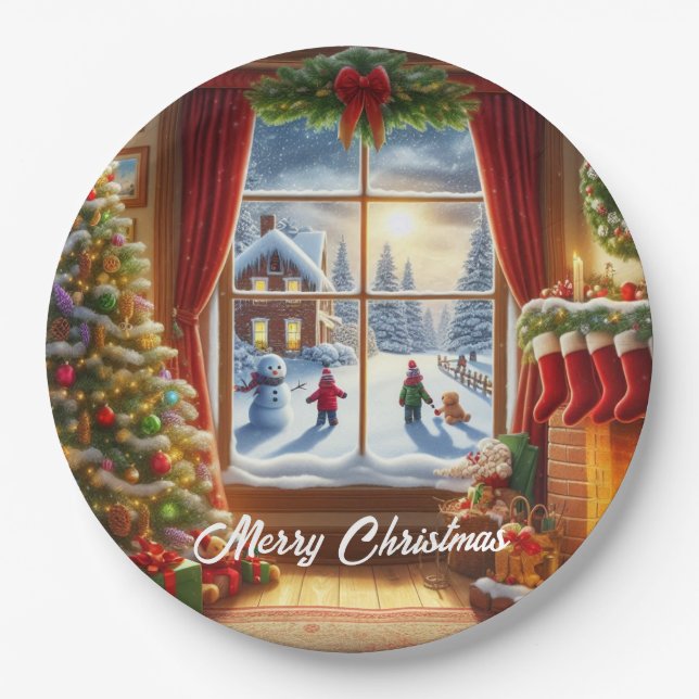 Cozy Christmas Window Scene Paper Plates (Front)